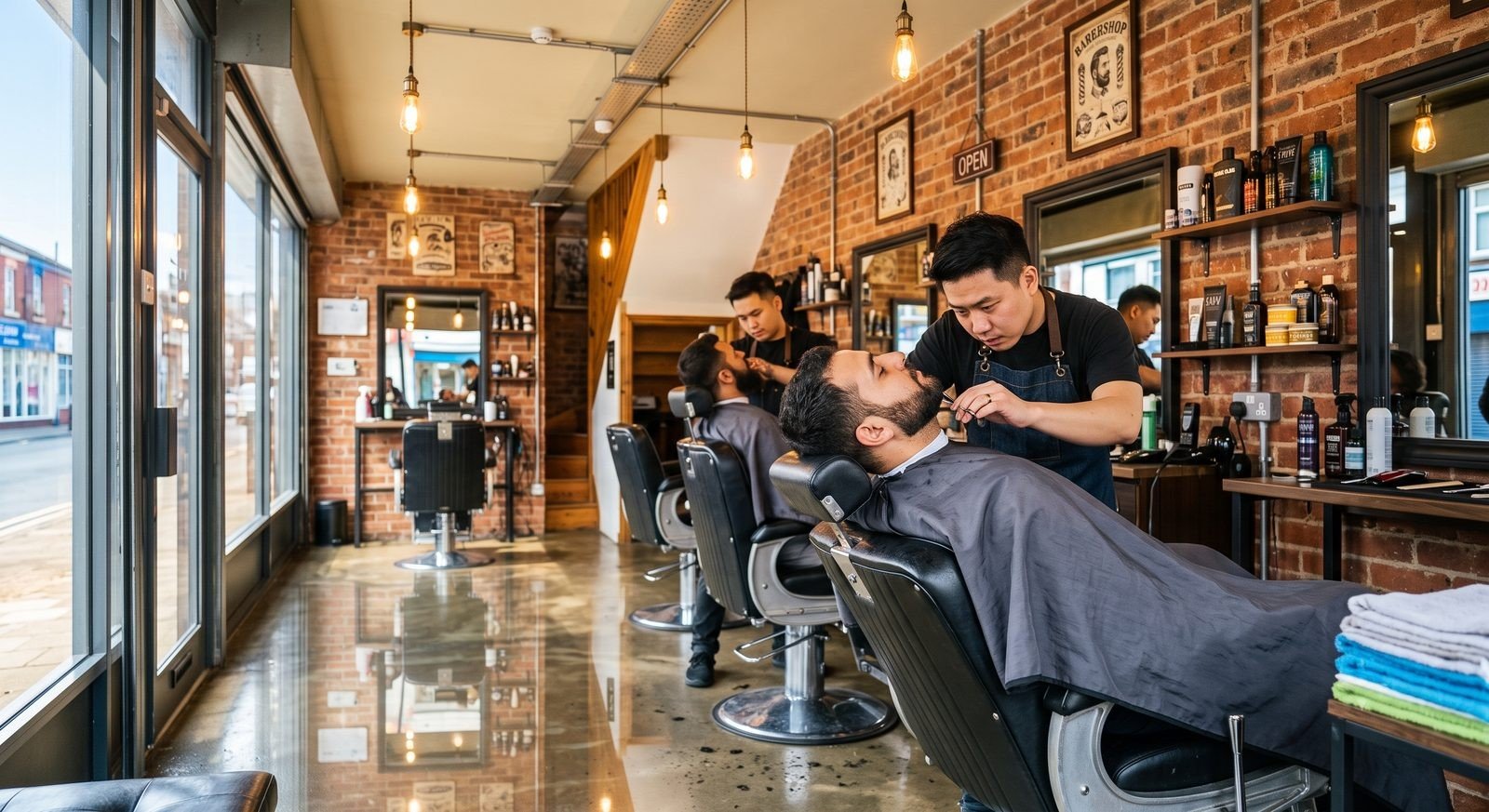 Barber trimming a client's beard in a barbershop