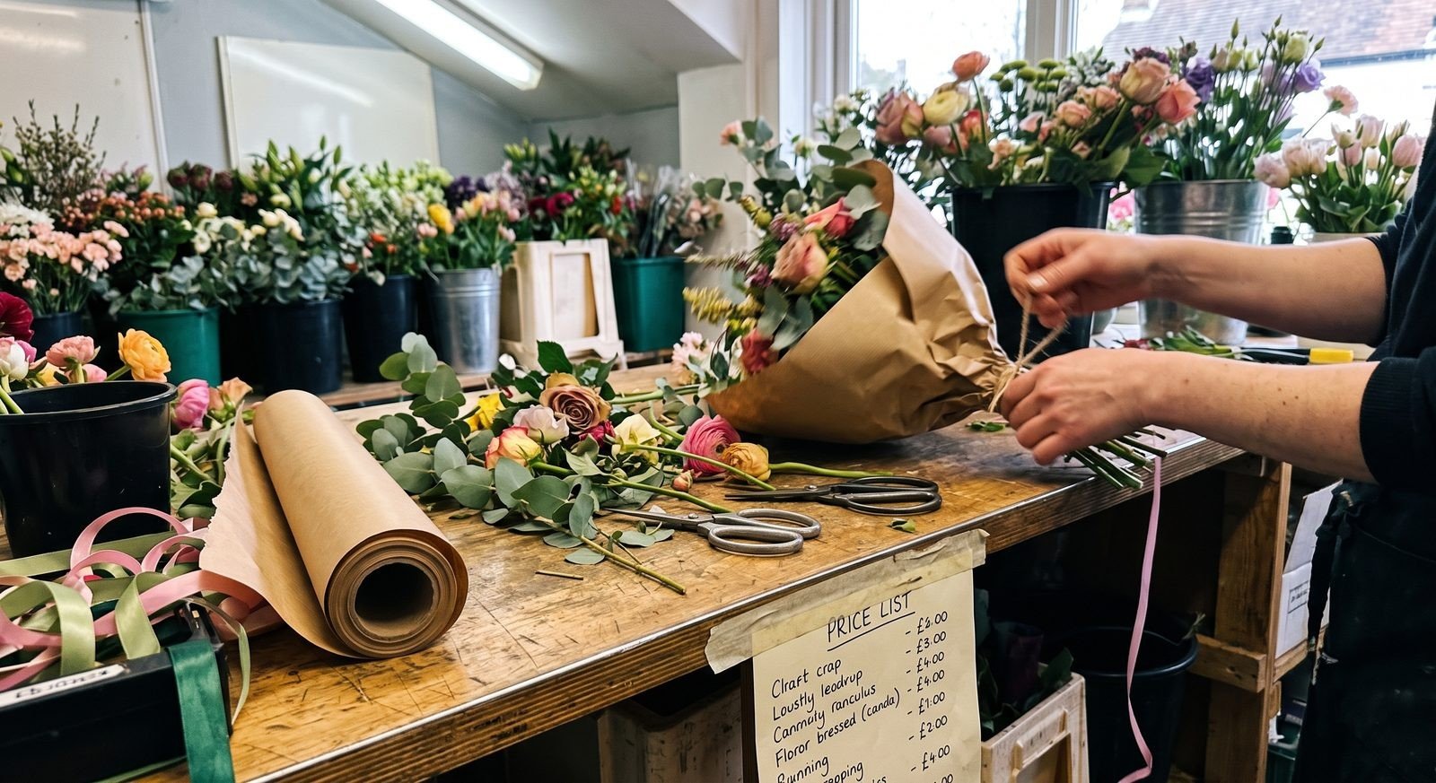 Florist wrapping a fresh bouquet in kraft paper